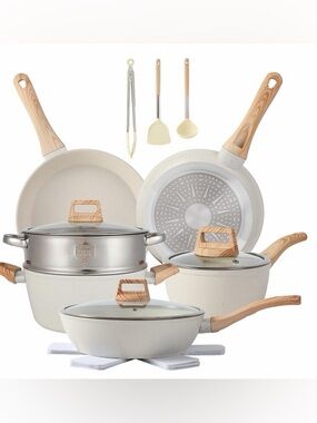 Anymark Cream Nonstick Cookware Set with Wood-Tone Handles - Home Kitchen